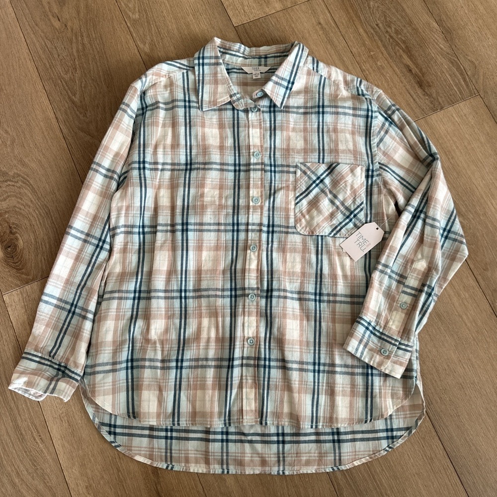 True And Time‎ Women's Flannel Shirt Large Green Beige Soft Outdoor NWT
